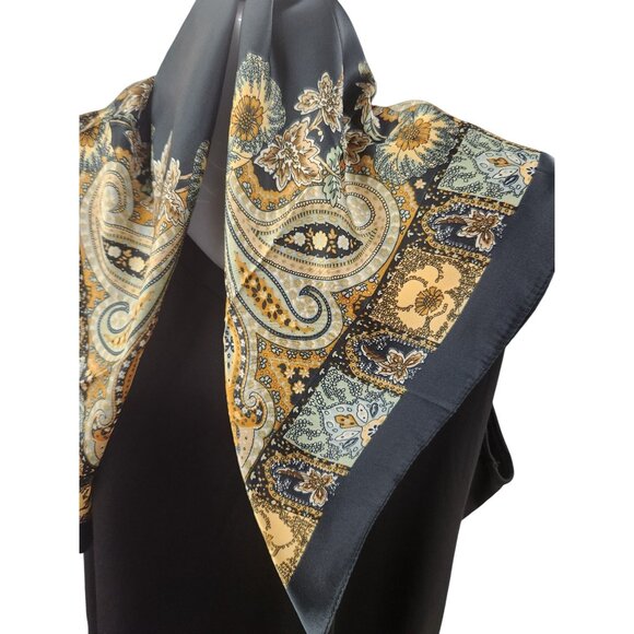 Paisley Floral Silk Scarf 27" Square Black Yellow Mint Accents Hand-Rolled - Picture 10 of 14